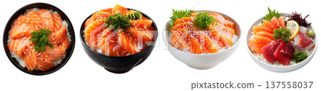 Set of fresh sake sashimi donburi, raw salmon fish topped on steamed rice in a bowl, isolated on transparent background. 137558037