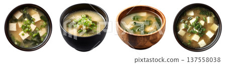 Set of fresh miso soup, traditional Japanese soup in a bowl, isolated on transparent background. 137558038