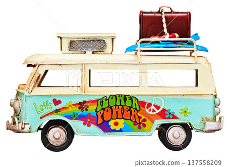 Vintage style miniature car van with flower power decoration isolated on white background Vintage style miniature car van with flower power decoration isolated on white background 137558209