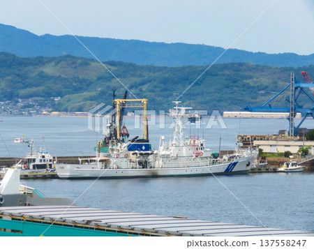 Japan Coast Guard patrol boat anchored at Kure Port Japan Coast Guard patrol boat anchored at Kure Port 137558247
