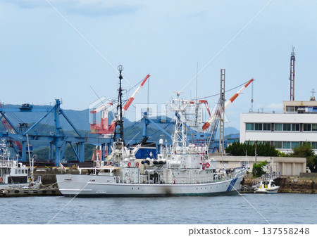 Japan Coast Guard patrol boat anchored at Kure Port Japan Coast Guard patrol boat anchored at Kure Port 137558248