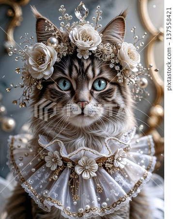 An elegant portrait of a cat wearing a flower crown and jeweled tiara. An illustration of a cat surrounded by fantastic light. An elegant portrait of a cat wearing a flower crown and jeweled tiara. An illustration of a cat surrounded by fantastic light. 137558421