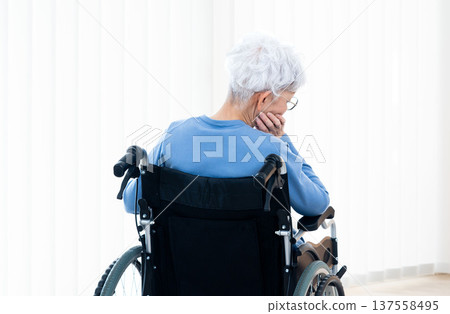 Rear view of a senior woman sitting in a wheelchair 137558495