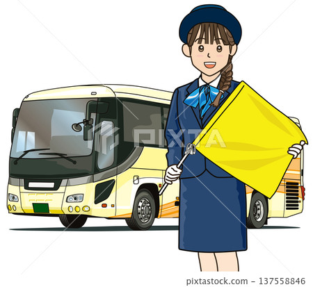 Tourist bus and bus guide holding flag Tourist bus and bus guide holding flag 137558846