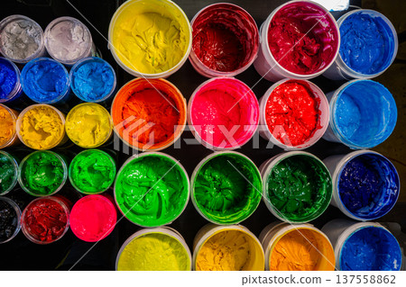 Aerial View of Colorful Plastisol Ink Jars in a Factory Setting Aerial View of Colorful Plastisol Ink Jars in a Factory Setting 137558862