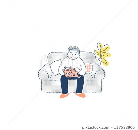 Senior man sitting on sofa and stroking cat Senior man sitting on sofa and stroking cat 137558906
