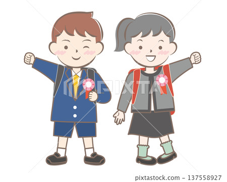 First grade children carrying their school bags First grade children carrying their school bags 137558927