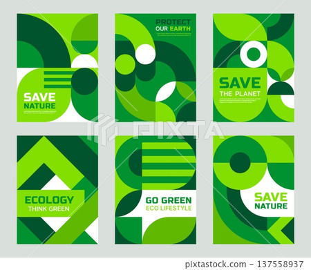 Environment ecology posters with geometric green pattern and modern modular mosaic motif. Eco sustainability, environmental awareness banners. Vector save nature cover or layout vertical templates 137558937