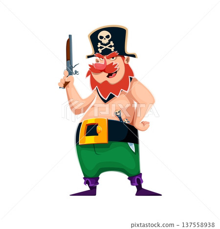 Cartoon corsair and pirate sailor character with a red beard. Vector captain holding pistol and standing with sly smile. Personage in pants and tricorn hat with skull for pirate games, and kids party 137558938