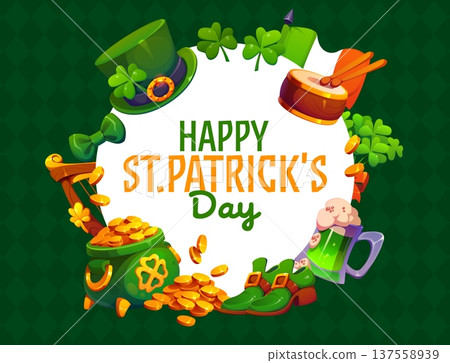 Happy St Patrick's day greeting card. Irish folk holiday vector flyer or greeting card. Saint Patrick day poster with leprechaun hat, shoes and pot of gold, green beer or ale, drum, shamrock leaves Happy St Patrick's day greeting card. Irish folk holiday vector flyer or greeting card. Saint Patrick day poster with leprechaun hat, shoes and pot of gold, green beer or ale, drum, shamrock leaves 137558939