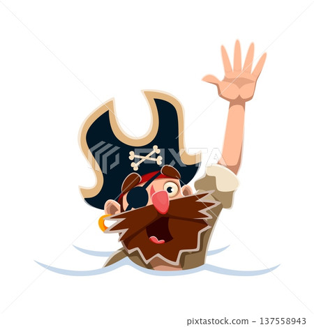 Cartoon distress drowning pirate corsair character partially submerged in water, with one arm raised, calling for help. Isolated vector sailor rover personage with beard and tricorn hat in danger 137558943