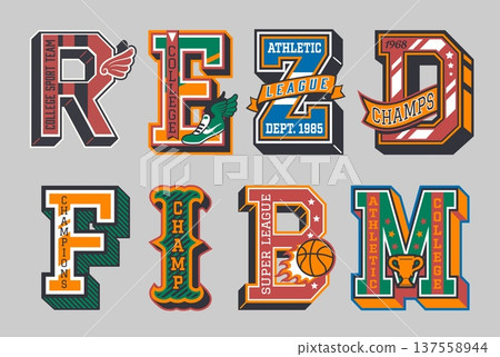 Varsity sport patch label letters decorated with athletic icons and text elements like champs, college and league. Vintage retro font characters, jersey prints for school, college and university teams Varsity sport patch label letters decorated with athletic icons and text elements like champs, college and league. Vintage retro font characters, jersey prints for school, college and university teams 137558944