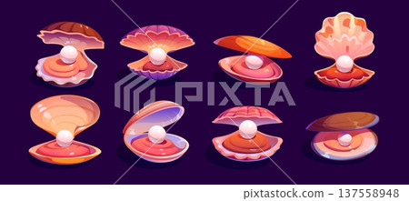 Cartoon pearl sea shell, underwater oyster and scallop seashells with treasure inside. Vector open shells of salt water mollusks and freshwater shellfish with pearls. Oyster, scallop or clam seashells Cartoon pearl sea shell, underwater oyster and scallop seashells with treasure inside. Vector open shells of salt water mollusks and freshwater shellfish with pearls. Oyster, scallop or clam seashells 137558948