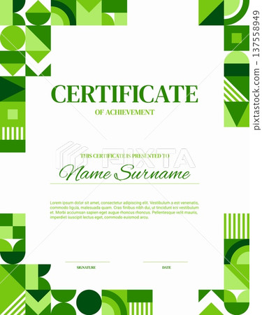 Diploma certificate of achievement with geometric pattern. Vector document template for ecology and environment rewards. Modern appreciation layout with green shapes, abstract natural elements Diploma certificate of achievement with geometric pattern. Vector document template for ecology and environment rewards. Modern appreciation layout with green shapes, abstract natural elements 137558949