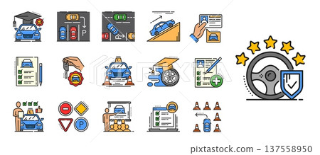Driver school icons for vehicle driving education and car drive training, vector pictograms. Driving school color icons of car drive test for driver license, traffic rules and vehicle parking training Driver school icons for vehicle driving education and car drive training, vector pictograms. Driving school color icons of car drive test for driver license, traffic rules and vehicle parking training 137558950
