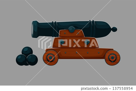 Cartoon pirate cannon, classic naval artillery weapon for maritime battle and defense, historic military equipment with metal barrel on wooden carriage with wheels and stacked round cannonballs nearby 137558954