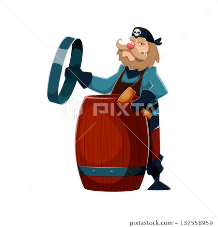 Brave pirate corsair cartoon character. Bearded pirate in skull bandana and black gloves, crafting wooden rum barrel with hammer. Cartoon vector character for pirate party, or adventure mascots 137558959