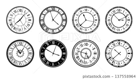 Clock faces with old fashioned watch dials, roman numbers and vintage timepiece details. Vector antique round black wall clock faces or vintage hand watch dials with hour, minute and second arrows Clock faces with old fashioned watch dials, roman numbers and vintage timepiece details. Vector antique round black wall clock faces or vintage hand watch dials with hour, minute and second arrows 137558964