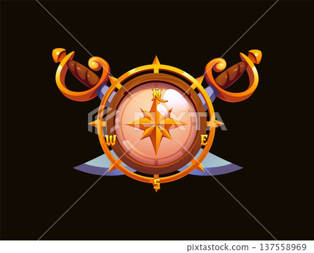 Cartoon pirate compass heraldry emblem or icon with rose of winds, crossed swords and nautical symbols. Fantasy vector game asset for sea adventure, navigation quest and maritime menu interface 137558969