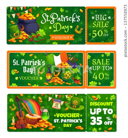 Happy St Patrick's day vouchers, sale banner. Spring seasonal sale vector voucher, discount banner. Saint Patrick season price offer banner with leprechaun cauldron, hat and shoes, flag, ale and gold 137558973