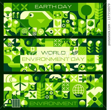 Environment earth day banners with geometric nature patterns and green ecology shapes. Save the world cards with modern mosaic ornament. Vector cover or layout templates for April 22 celebration Environment earth day banners with geometric nature patterns and green ecology shapes. Save the world cards with modern mosaic ornament. Vector cover or layout templates for April 22 celebration 137558979