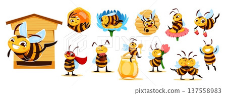 Cartoon honey bee characters, flowers, honeycombs and hive set. Vector cute honeybees flying with honey jar, pot and buckets. Yellow bee insect characters sleeping in beehive, eating nectar, working 137558983