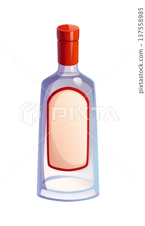 Cartoon traditional vodka bottle, alcohol beverage bottle with glossy surface and blank bordered label. Isolated vector transparent glass flask with strong alcohol drink for bar menu or party booze 137558985