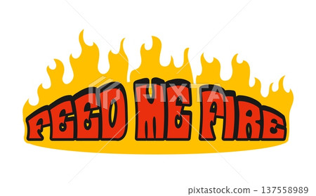 Barbeque meal, BBQ grill retro Y2K sticker or symbol. Meat BBQ retro Y2K vector sticker, butchery market beefsteak barbeque tag. Steak gourmet meal label with feed me fire quote and flaming flames 137558989