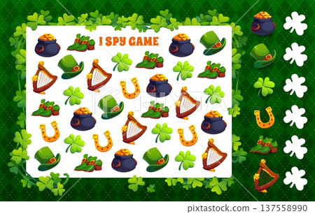 I spy game with Happy St Patrick Day holiday objects on lucky clovers vector background frame. Matching puzzle worksheet with cartoon St Patrick Day leprechaun hat, gold pot, shoes and horseshoe 137558990