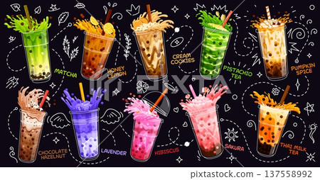 Cartoon milk bubble tea drink glasses with bright splashes. Vector pearl milk tea, boba coffee and tapioca bubble milkshake, juice or smoothie beverages served with chocolate, fruit and cream 137558992