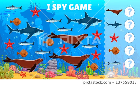 I spy game worksheet with cartoon sea fish and animals. Vector ocean riddle for kids, count seals, sharks, sardines, starfish and flatfish in colorful underwater scene full of marine life and bubbles I spy game worksheet with cartoon sea fish and animals. Vector ocean riddle for kids, count seals, sharks, sardines, starfish and flatfish in colorful underwater scene full of marine life and bubbles 137559015
