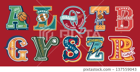 Varsity sport patch labels and prints for college, university or school club jackets. Vector baseball, basketball, american football or rugby balls, bats and flags varsity letter retro patches set 137559043