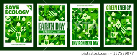 Environment ecology green posters with geometric pattern and abstract figures. Vector eco save nature retro modern backgrounds with text save ecology, earth day, environment day and green energy Environment ecology green posters with geometric pattern and abstract figures. Vector eco save nature retro modern backgrounds with text save ecology, earth day, environment day and green energy 137559077