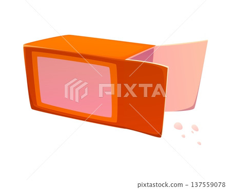 Cartoon baking soda box with an open flap and powder particles spilled on the side. Vector packaging representing a household product for cleaning or cooking tasks. Cook food process in action Cartoon baking soda box with an open flap and powder particles spilled on the side. Vector packaging representing a household product for cleaning or cooking tasks. Cook food process in action 137559078