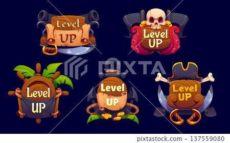 Pirate level up rank vector icons and piracy game badges of skull with tentacles and cannons with scroll. Pirate level up rank icons of palm, anchor and rope with coins, tricorn hat, bones and sabres Pirate level up rank vector icons and piracy game badges of skull with tentacles and cannons with scroll. Pirate level up rank icons of palm, anchor and rope with coins, tricorn hat, bones and sabres 137559080