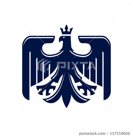 Medieval eagle bird with crown, heraldic royal emblem. Hawk medieval coat of arms vector emblem, falcon vintage crest symbol. Eagle bird of pray icon or sign with spread wings feather and golden crown Medieval eagle bird with crown, heraldic royal emblem. Hawk medieval coat of arms vector emblem, falcon vintage crest symbol. Eagle bird of pray icon or sign with spread wings feather and golden crown 137559088