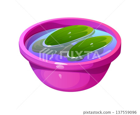 Fresh cucumbers soaking in a pink bowl filled with clear water, showing a cooking process, food preparation, freshness and the rinsing step before further use on kitchen. Cartoon vector vegetables Fresh cucumbers soaking in a pink bowl filled with clear water, showing a cooking process, food preparation, freshness and the rinsing step before further use on kitchen. Cartoon vector vegetables 137559096