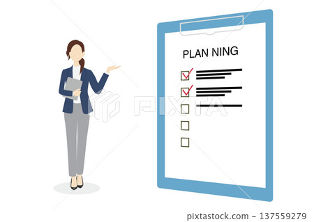 Illustration of a woman in a suit explaining a plan 137559279