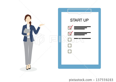 Illustration of a woman in a suit explaining START UP Illustration of a woman in a suit explaining START UP 137559283