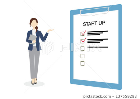 Illustration of a woman in a suit explaining START UP Illustration of a woman in a suit explaining START UP 137559288