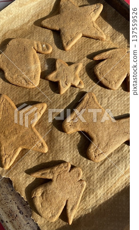 Freshly baked cookies with a golden-brown finish and chocolate chips. Perfectly crisp on the edges with a soft center, offering a delicious, comforting treat for any occasion. 137559526