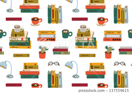Cozy reading seamless pattern with flat cartoon book stacks, coffee cups, lamp and reading glasses. Bookstore and library theme, book lover wrapping paper vector illustration 137559615