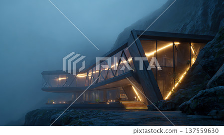 Futuristic cliffside glass house glowing structural frame modern architecture illuminated stairs ambient foggy evening 137559630
