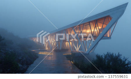 Futuristic cliffside glass house with glowing structural frame in misty evening, warm interior light creates moody atmosphere Futuristic cliffside glass house with glowing structural frame in misty evening, warm interior light creates moody atmosphere 137559631