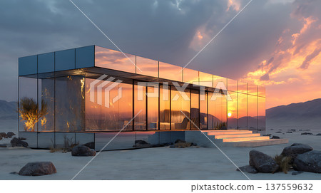 Mirrored glass desert house at sunset reflecting orange sky and sparse rocks with modern interior seating Mirrored glass desert house at sunset reflecting orange sky and sparse rocks with modern interior seating 137559632