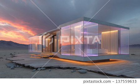 Futuristic desert smart house with glass walls reflecting sunset and ambient lighting Futuristic desert smart house with glass walls reflecting sunset and ambient lighting 137559633