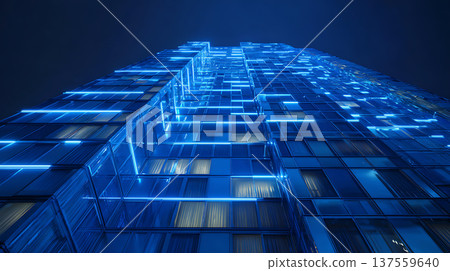 Futuristic residential building glowing with blue grid lines and illuminated windows, night city facade conveying modern energy 137559640