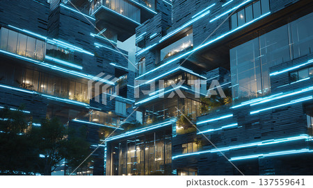 Futuristic residential building glowing blue grid lines modern glass balconies lush greenery at night emotive Futuristic residential building glowing blue grid lines modern glass balconies lush greenery at night emotive 137559641
