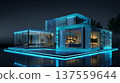 Futuristic smart home glowing blue neon light modern minimal architecture night, serene illuminated exterior and reflective 137559644