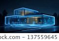 Futuristic smart home glowing in blue neon light modern minimal glass architecture at night, sleek ambient mood 137559645